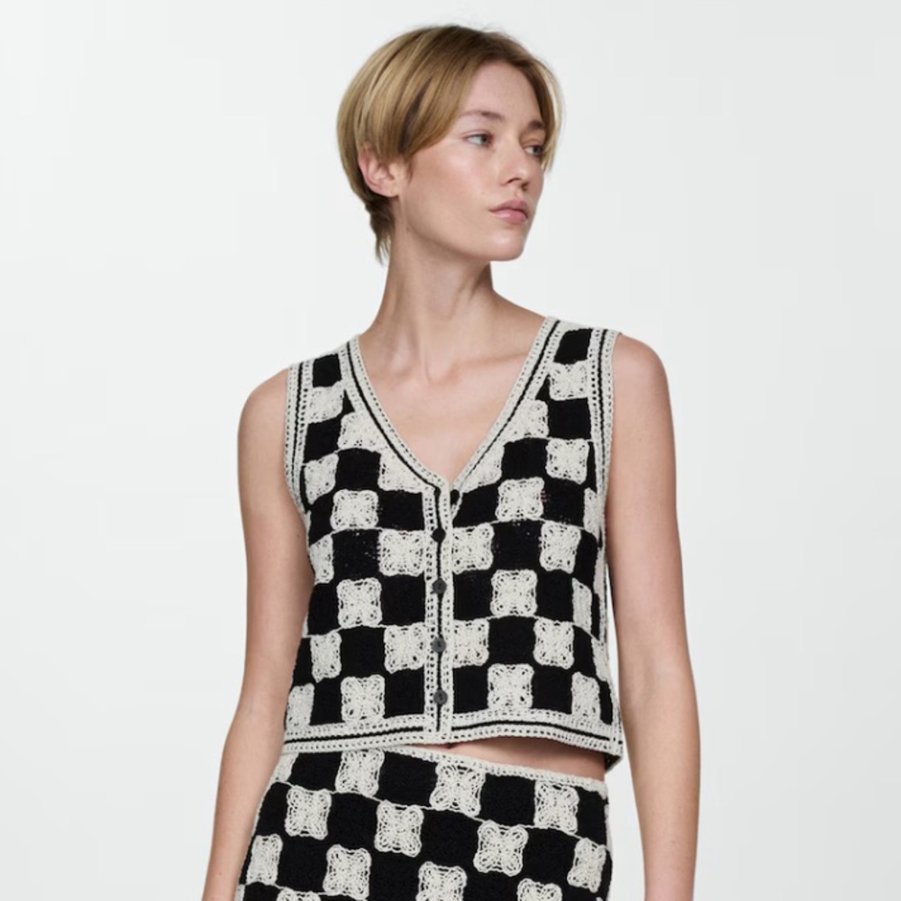 Mango Black & Cream Crochet Button Front Vest